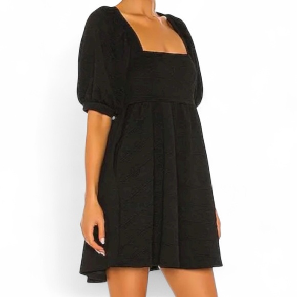 NWT FREE PEOPLE Black Violet Puff Sleeve Tie Back Mini Dress Size Small - Picture 2 of 5